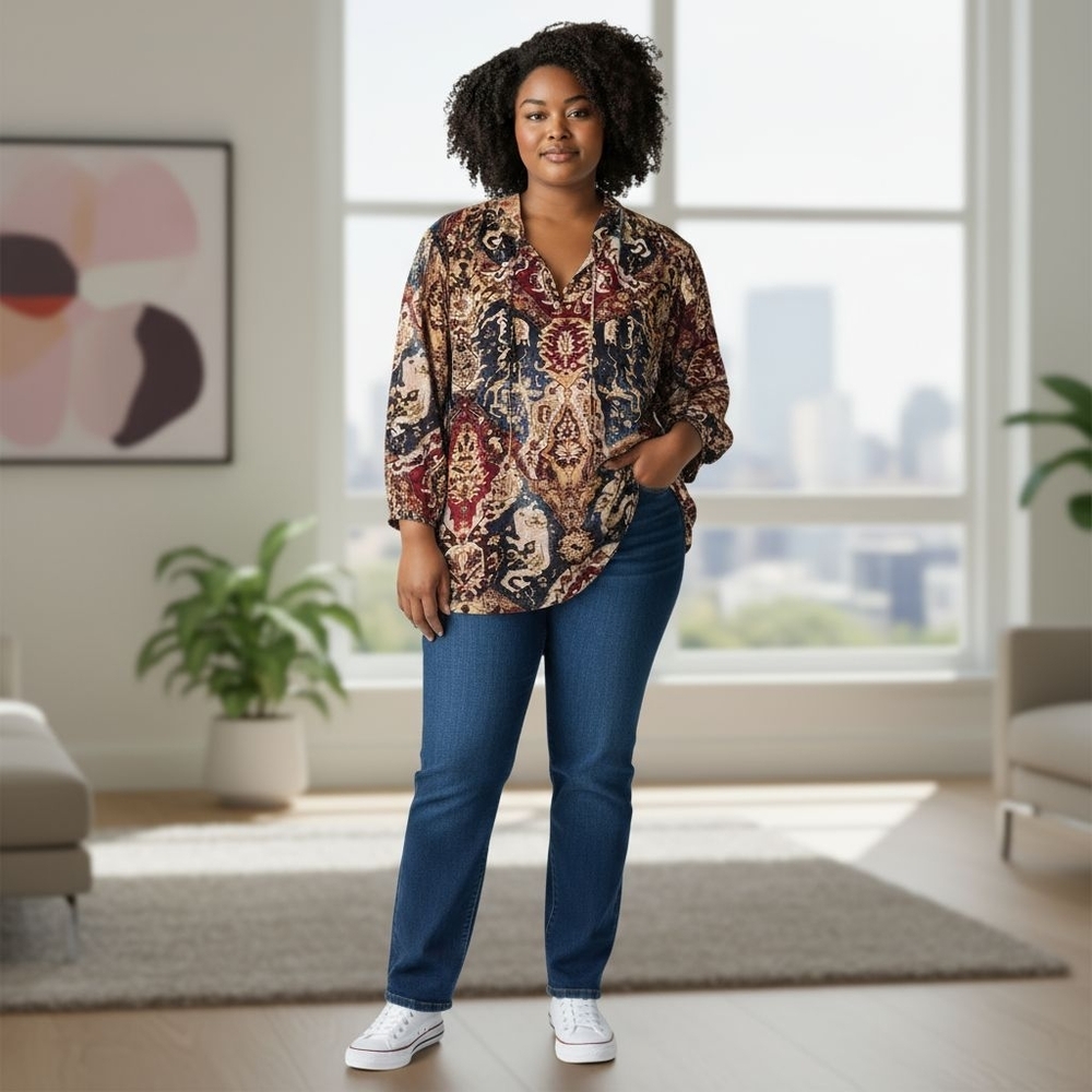 Chaps Boho Woman's Aztec Print Peasant Blouse Plus Size 3X Boho Office Business